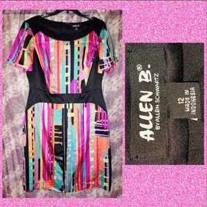 Allen B. by Allen Schwartz brand Black/Multicolor Striped Satin Midi Dress Sz 12